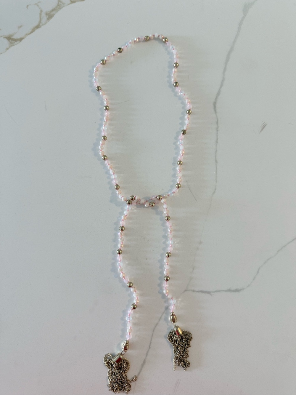 Delicate Pink Beaded Lariat Necklace with Gold Accents